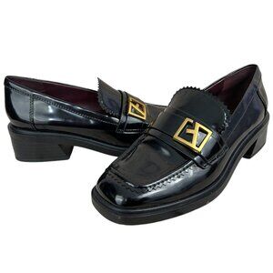 Franco Sarto Gloria Loafer 6.5M Black Faux Patent Leather‎ Square Toe Preppy